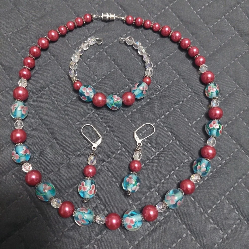 Handmade Jewelry Set Necklace, Earrings, Bracelet Boho Artisan Fuchsia Beads NEW